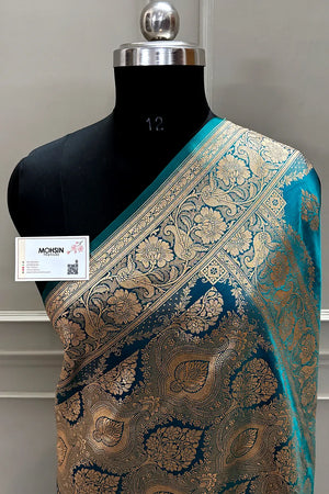 Teal Zari Katan Satin Silk Banarasi Saree