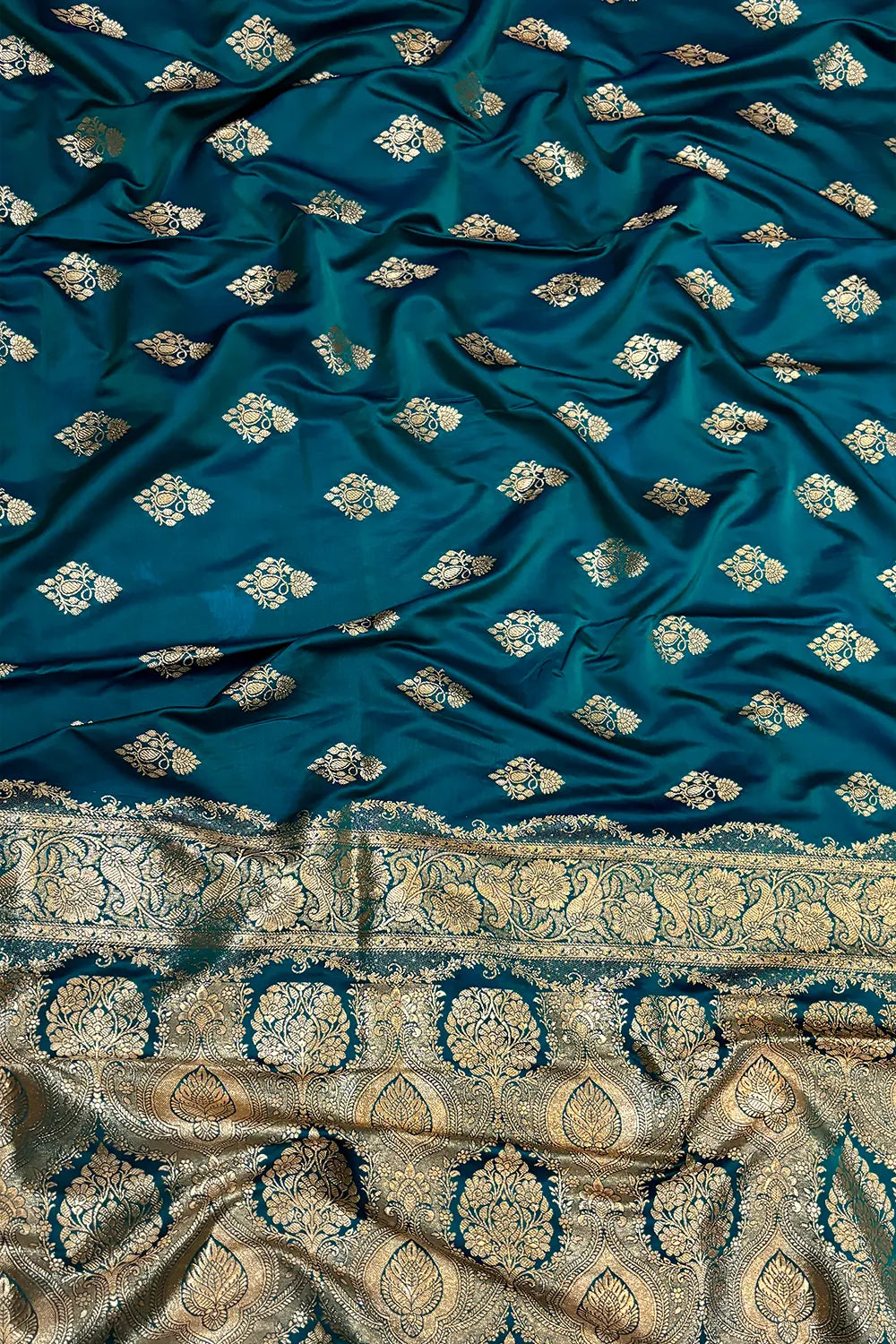 Teal Zari Katan Satin Silk Banarasi Saree