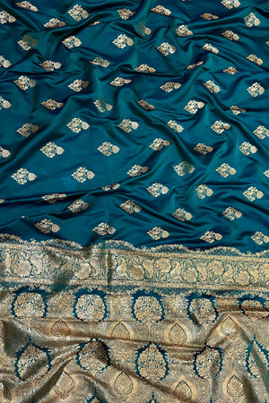 Teal Zari Katan Satin Silk Banarasi Saree