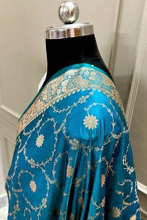 Teal Zari Katan Silk Banarasi Saree