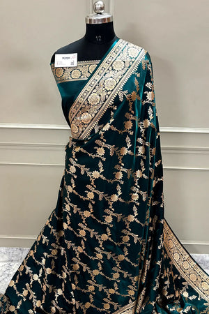 Teal Zari Katan Satin Silk Banarasi Saree