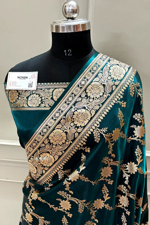 Teal Zari Katan Satin Silk Banarasi Saree