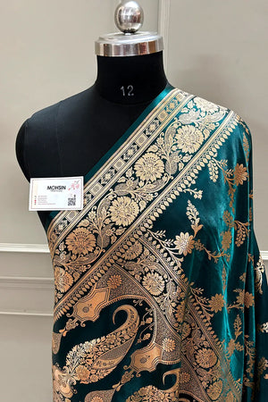 Teal Zari Katan Satin Silk Banarasi Saree
