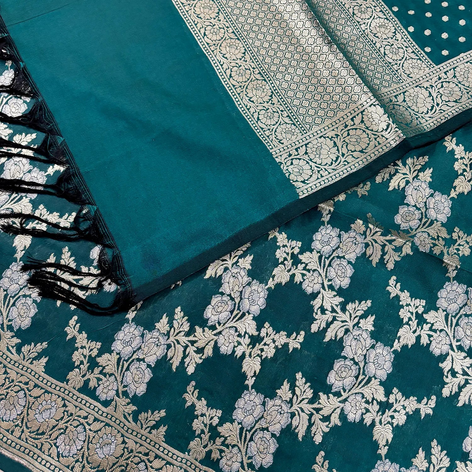 Teal Zari Katan Silk Banarasi Suit