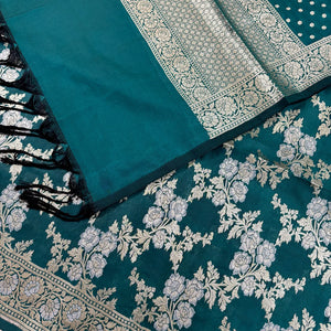Teal Zari Katan Silk Banarasi Suit