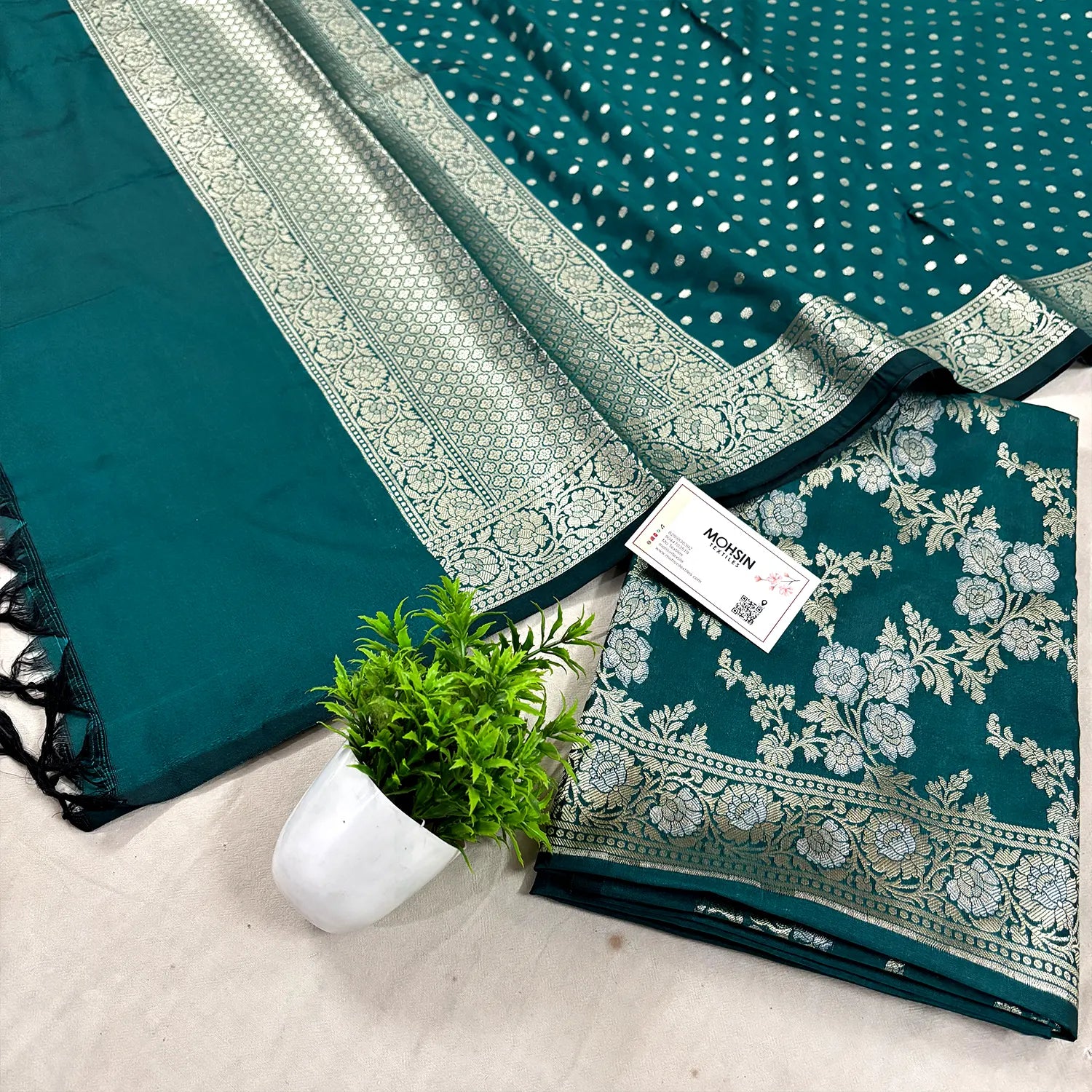 Teal Zari Katan Silk Banarasi Suit
