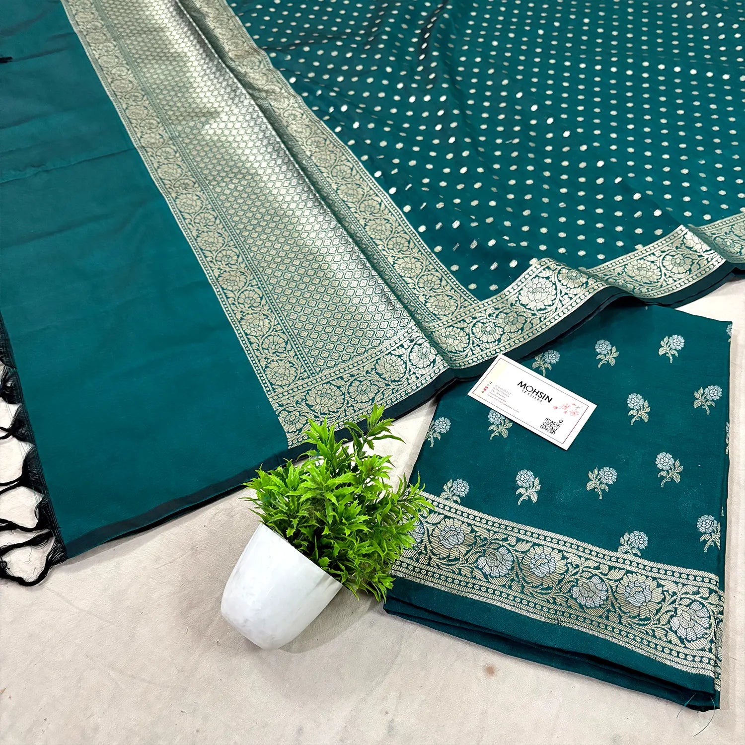 Teal Zari Katan Silk Banarasi Suit