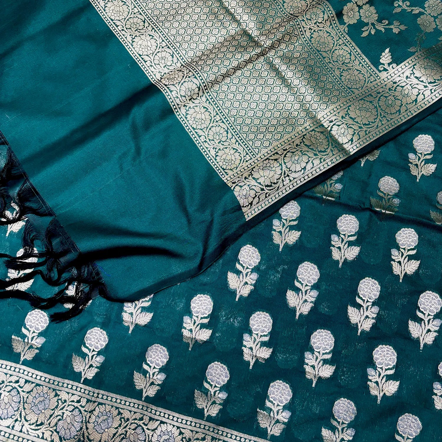 Teal Zari Katan Silk Banarasi Suit