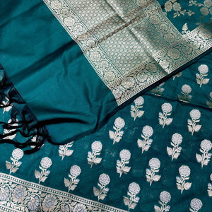 Teal Zari Katan Silk Banarasi Suit
