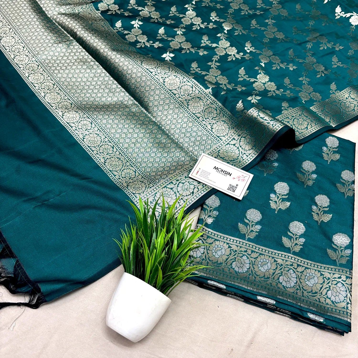 Teal Zari Katan Silk Banarasi Suit