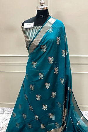 Teal Zari Resham Banarasi Silk Saree