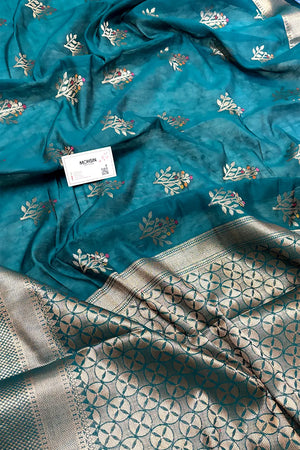 Teal Zari Resham Banarasi Silk Saree