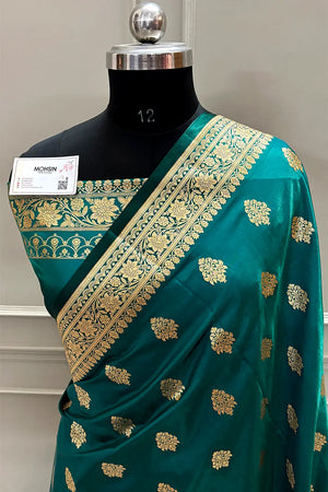 Teal Zari Satin Silk Banarasi Saree