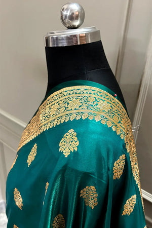 Teal Zari Satin Silk Banarasi Saree