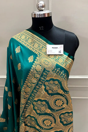 Teal Zari Satin Silk Banarasi Saree