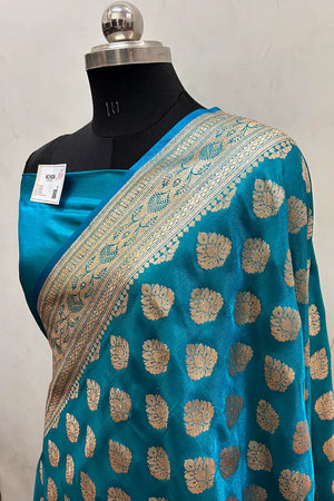 Teal Zari Satin Silk Banarasi Saree