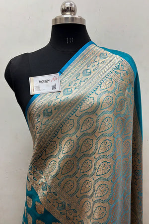 Teal Zari Satin Silk Banarasi Saree