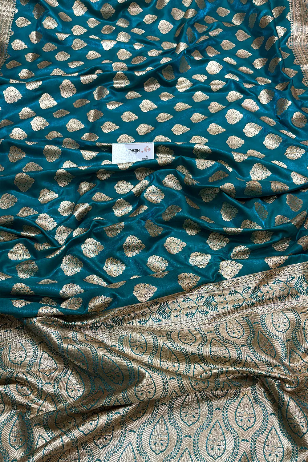 Teal Zari Satin Silk Banarasi Saree