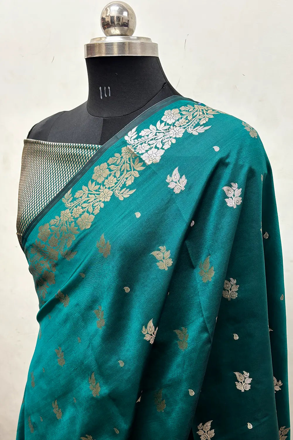 Teal Zari Semi Katan Silk Banarasi Saree