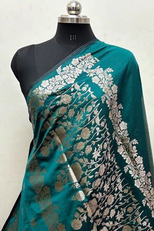 Teal Zari Semi Katan Silk Banarasi Saree
