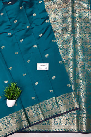 Teal Zari Semi Katan Silk Banarasi Saree