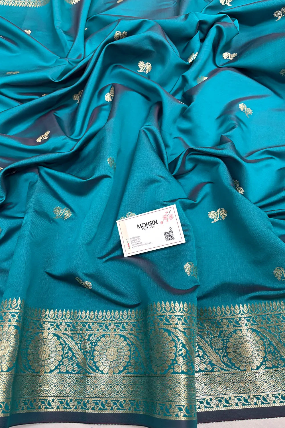 Teal Zari Semi Katan Silk Banarasi Saree