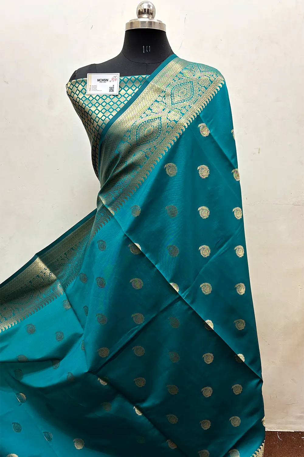 Teal Zari Semi Katan Silk Banarasi Saree