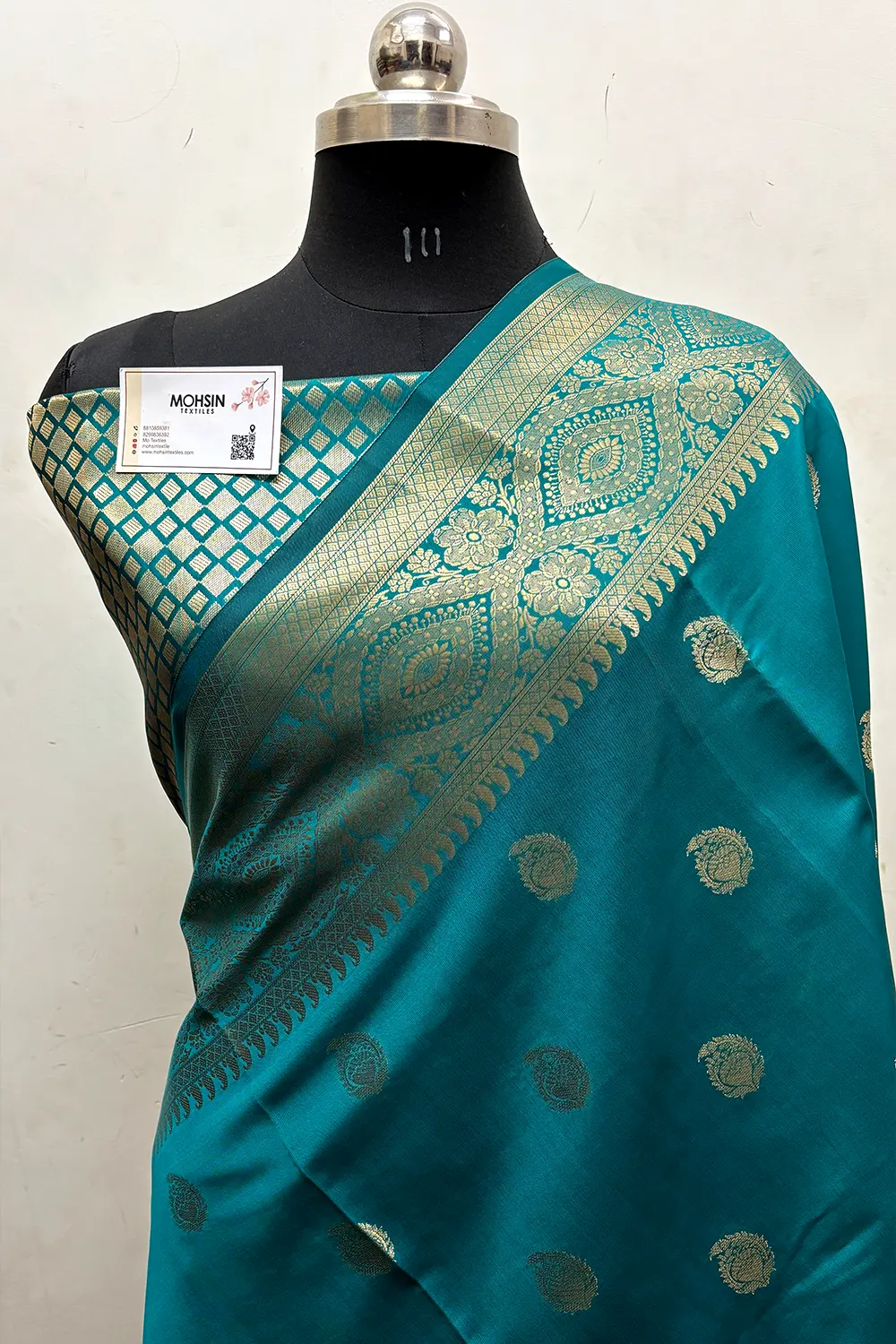 Teal Zari Semi Katan Silk Banarasi Saree