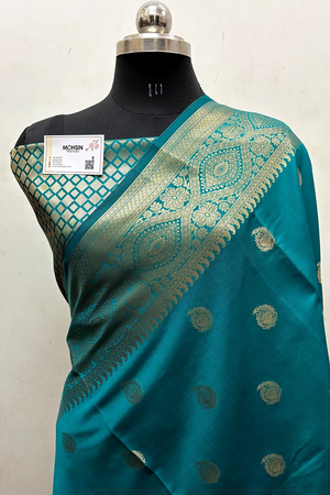 Teal Zari Semi Katan Silk Banarasi Saree