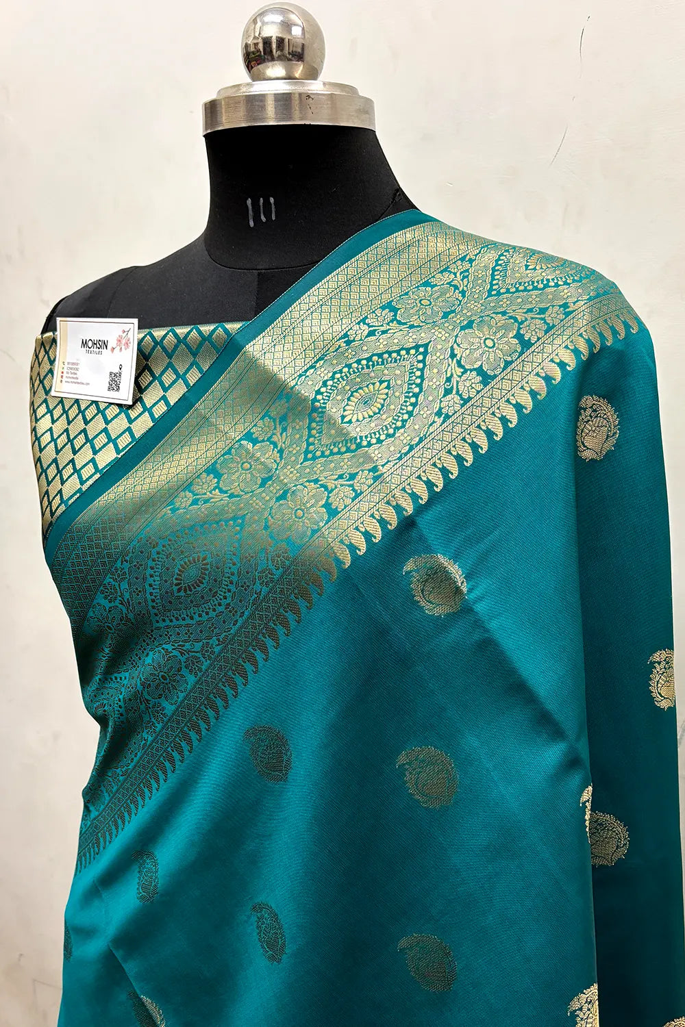 Teal Zari Semi Katan Silk Banarasi Saree
