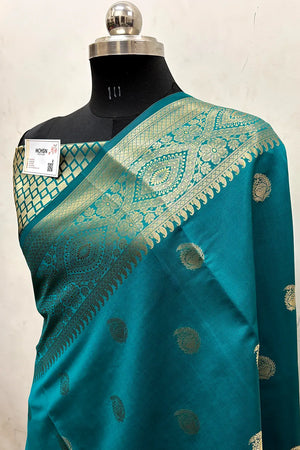 Teal Zari Semi Katan Silk Banarasi Saree