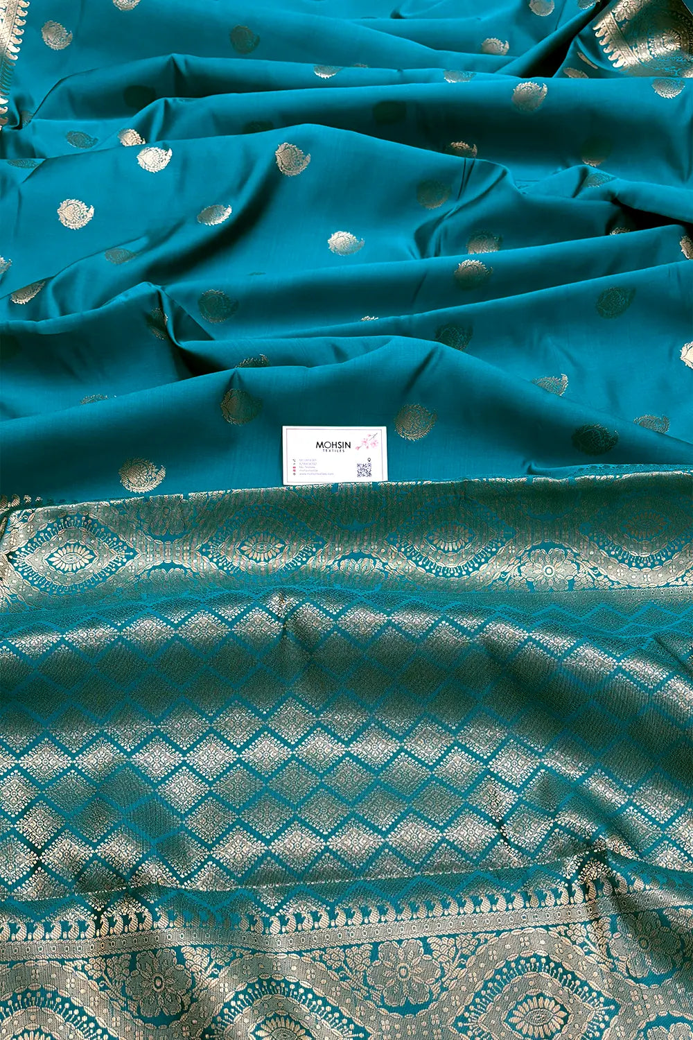 Teal Zari Semi Katan Silk Banarasi Saree