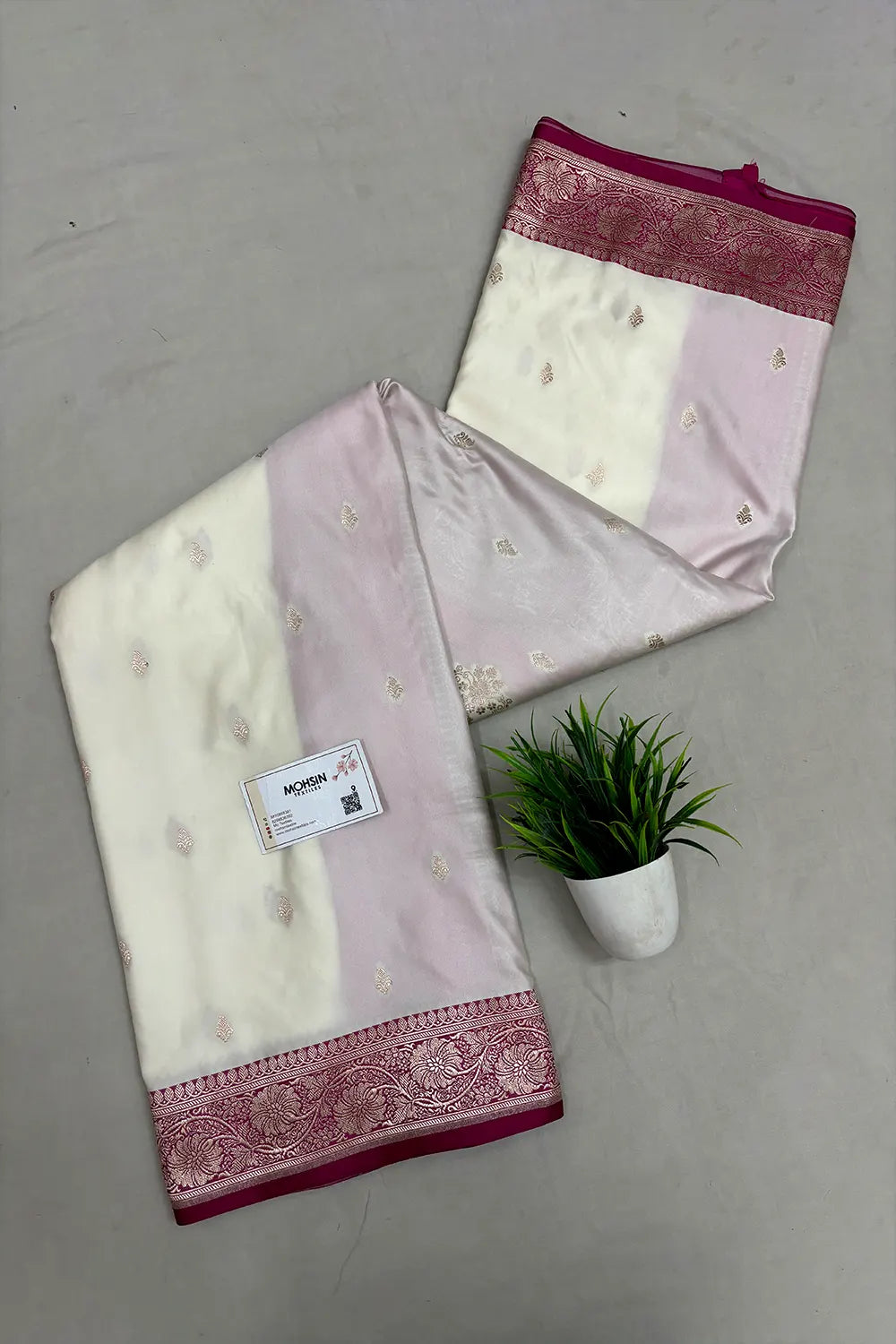 White and Pink Zari Katan Mashru Silk Banarasi Saree