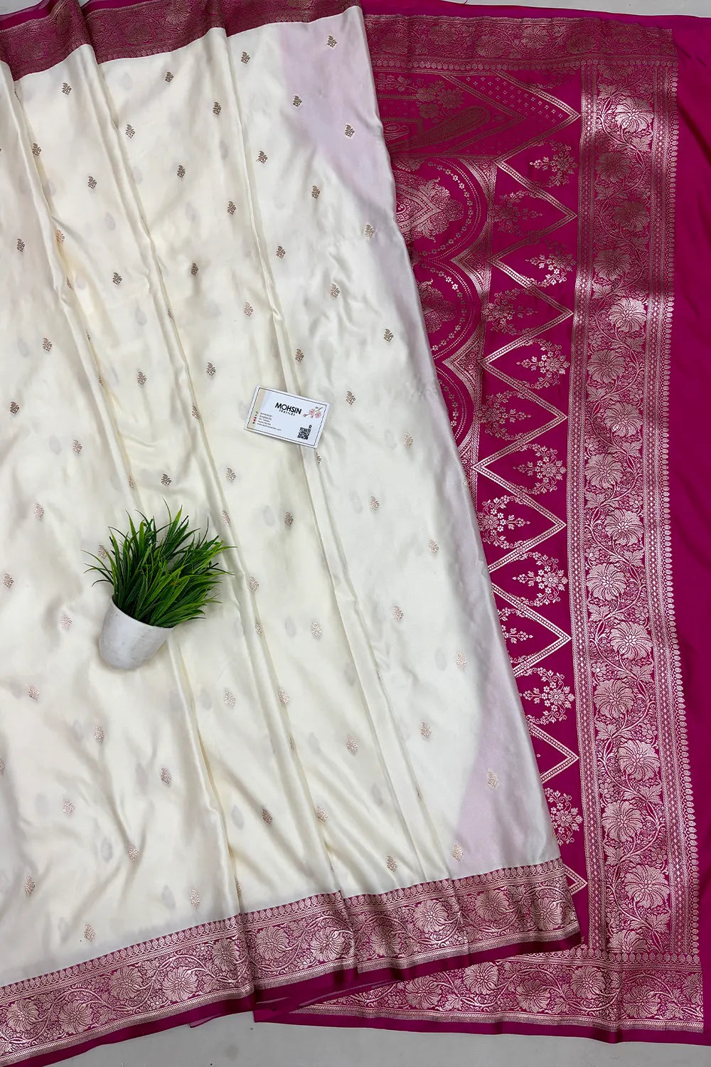 White and Pink Zari Katan Mashru Silk Banarasi Saree