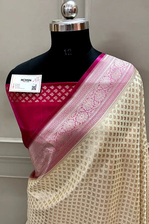 White and Pink Golden Zari Katan Silk Banarasi Saree