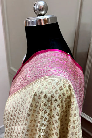 White and Pink Golden Zari Katan Silk Banarasi Saree
