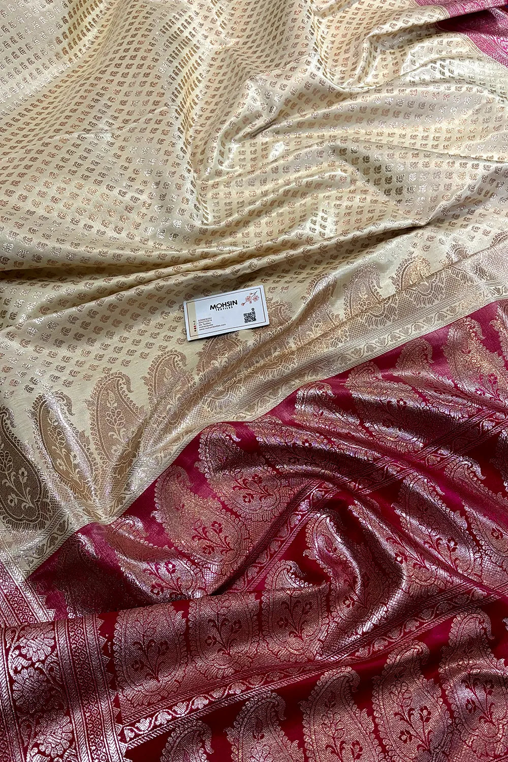 White and Pink Golden Zari Katan Silk Banarasi Saree