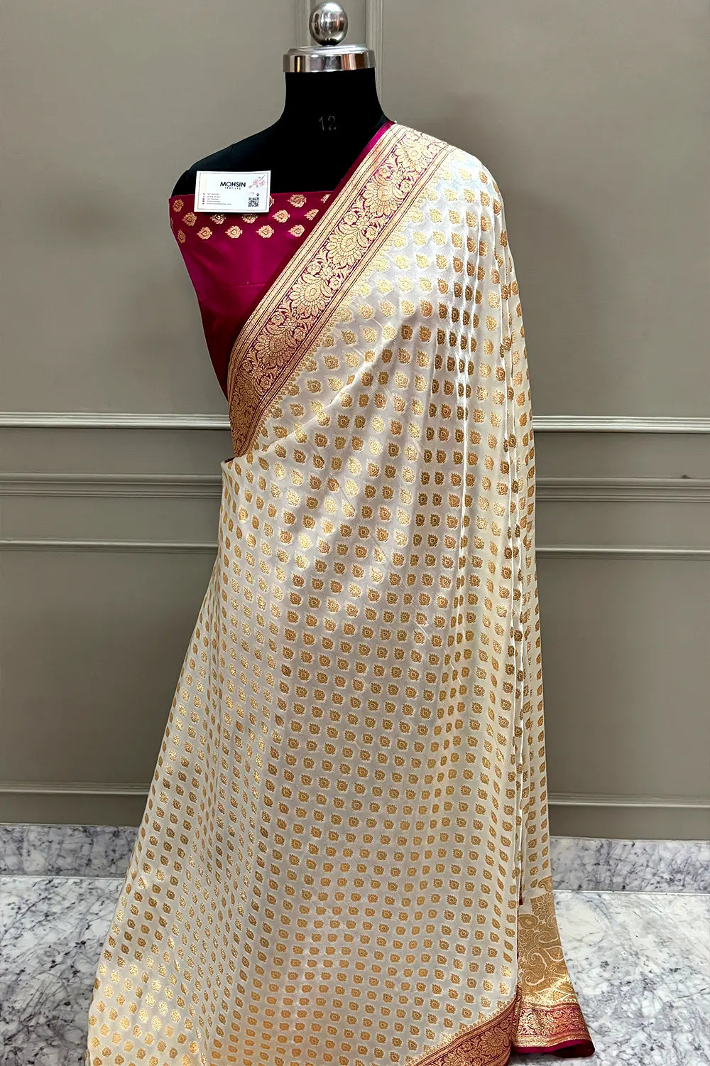 White and Pink Zari Katan Silk Banarasi Saree