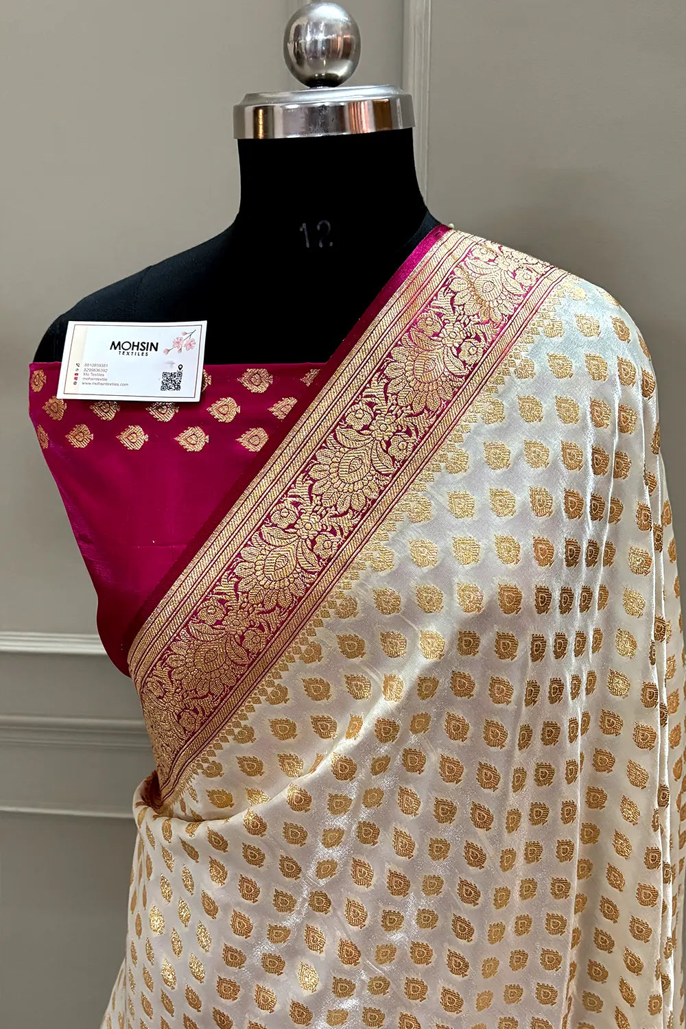 White and Pink Zari Katan Silk Banarasi Saree