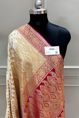 White and Pink Zari Katan Silk Banarasi Saree