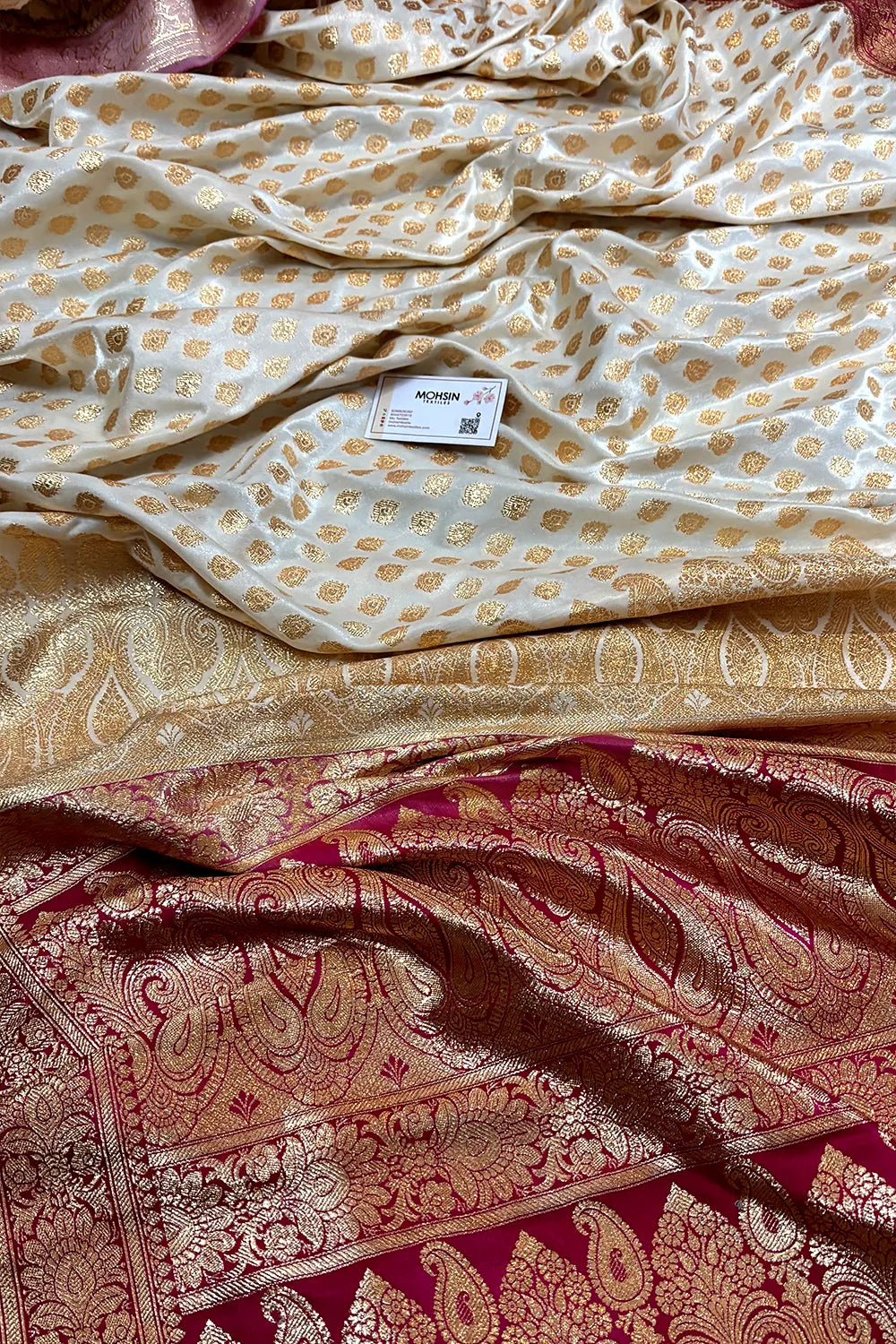 White and Pink Zari Katan Silk Banarasi Saree