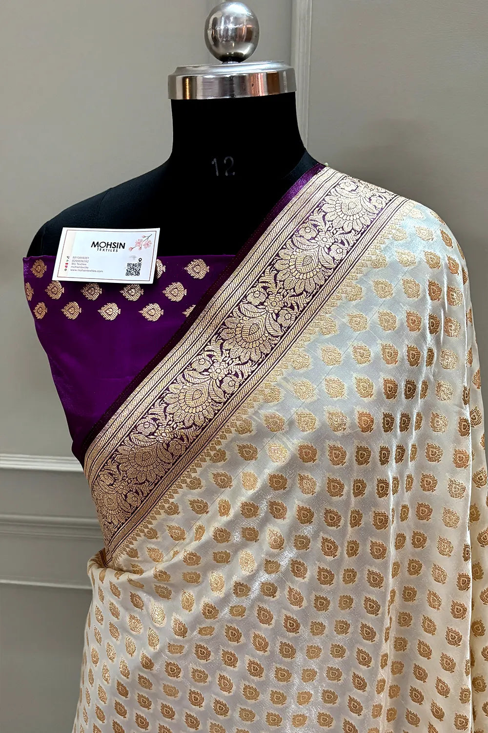 White and Purple Zari Katan Silk Banarasi Saree