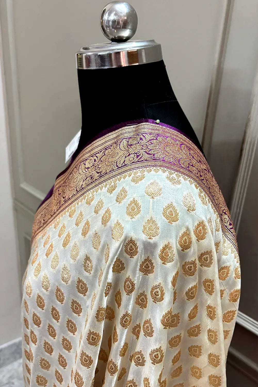White and Purple Zari Katan Silk Banarasi Saree