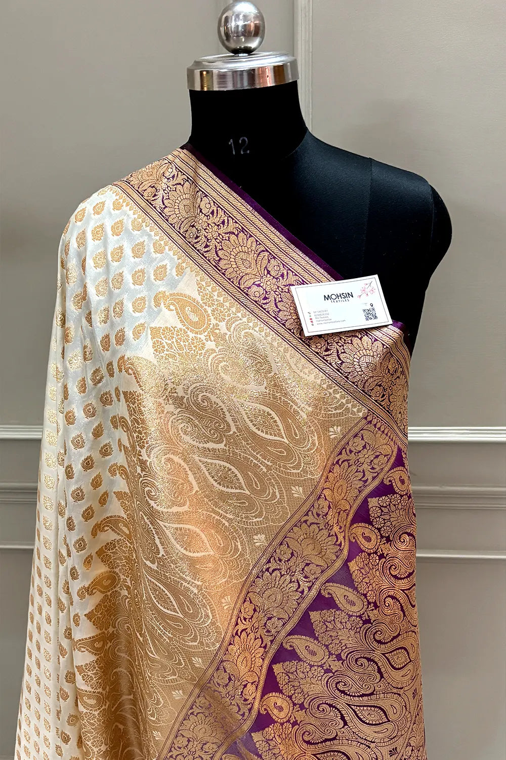 White and Purple Zari Katan Silk Banarasi Saree