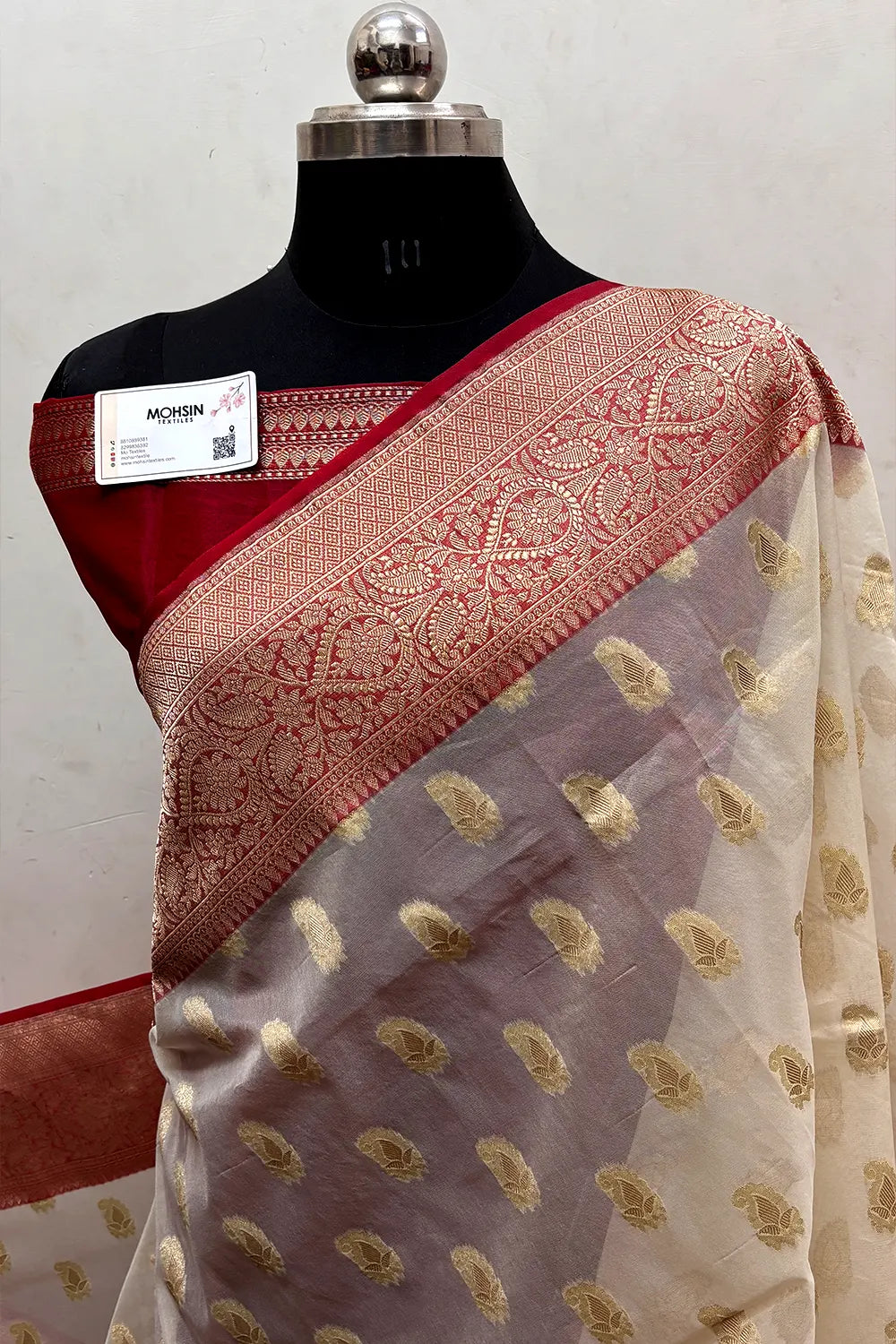 White and Red Organza Silk Banarasi Saree