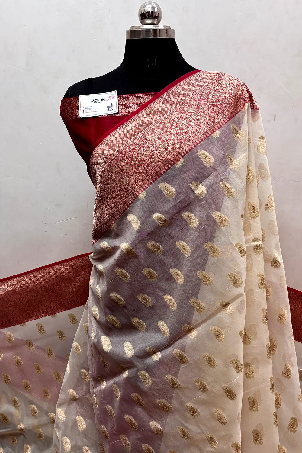 White and Red Organza Silk Banarasi Saree
