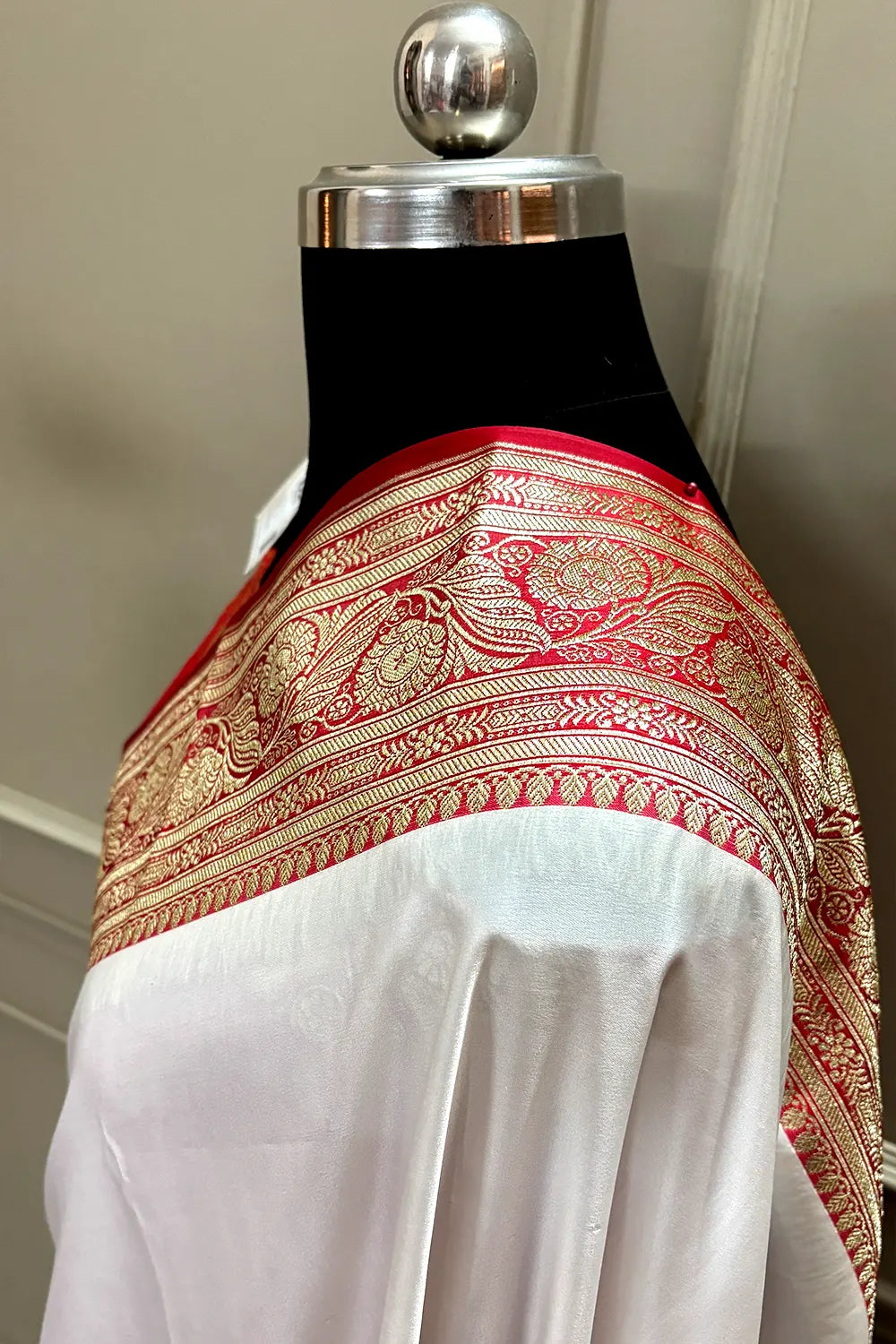 White and Red Royal Plain Katan Silk Banarasi Saree