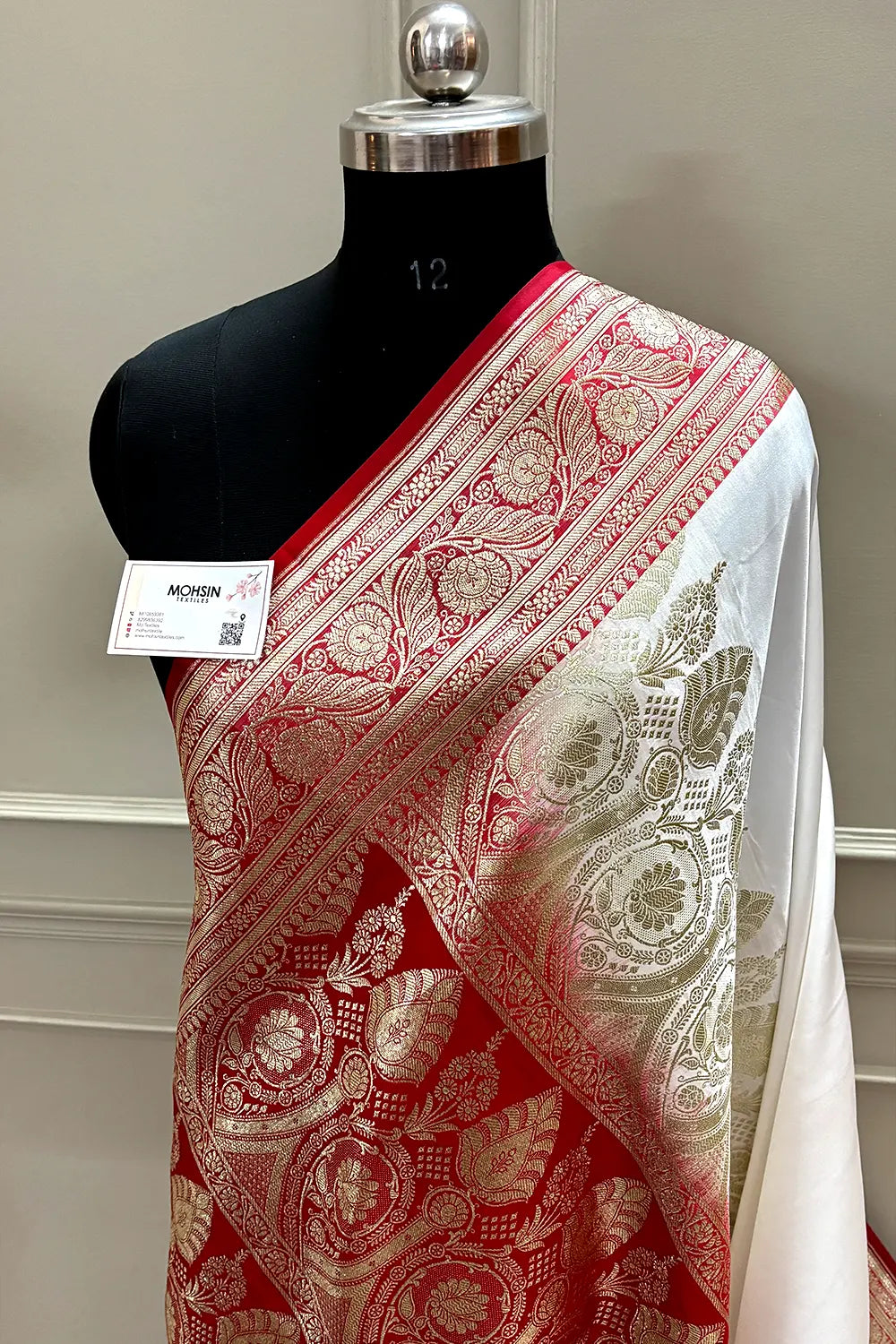 White and Red Royal Plain Katan Silk Banarasi Saree