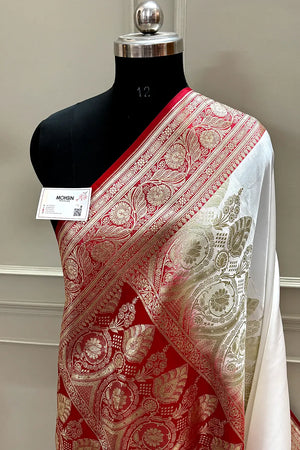 White and Red Royal Plain Katan Silk Banarasi Saree