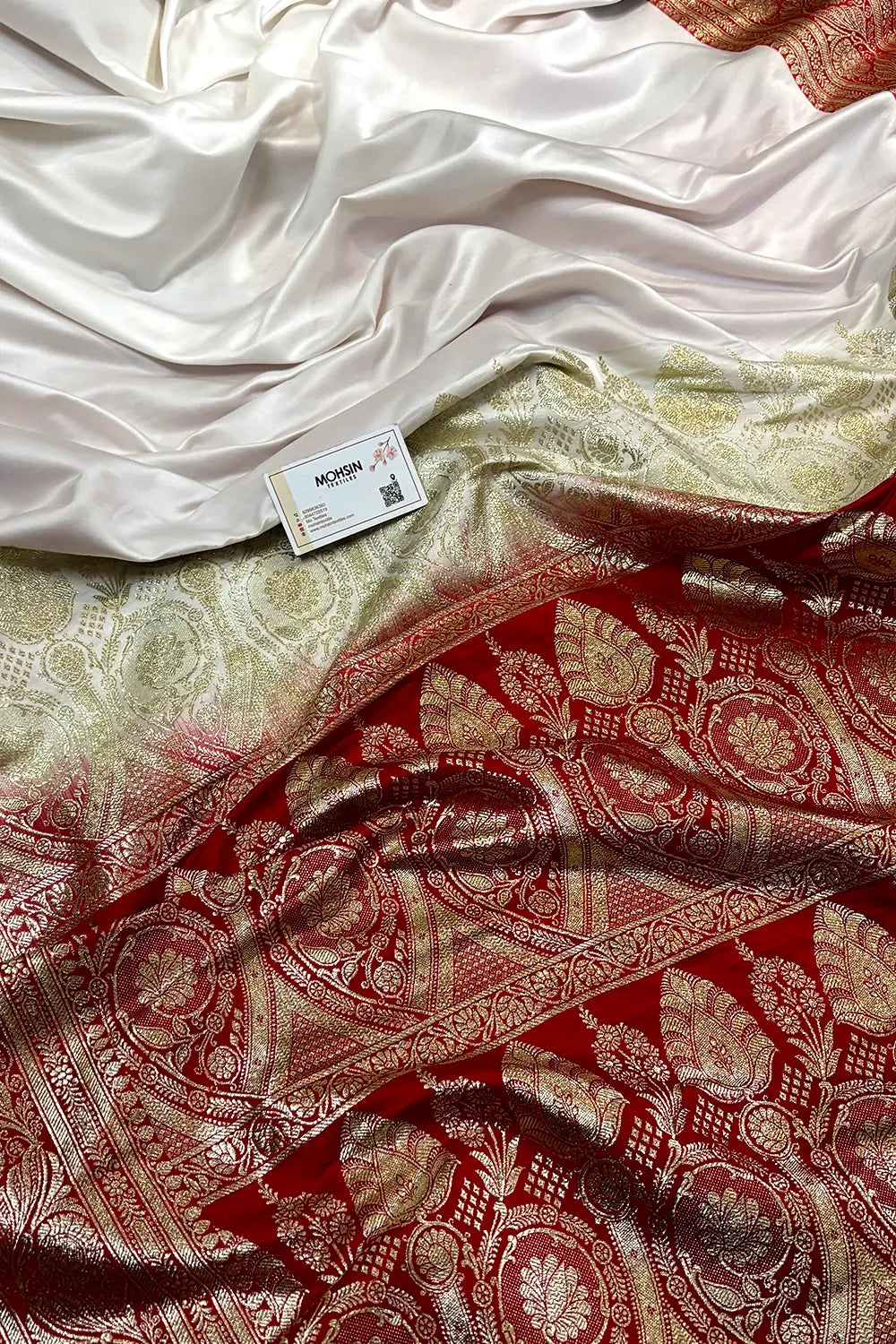 White and Red Royal Plain Katan Silk Banarasi Saree